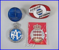 Collection of 4 Vintage Car/Automobile Grill Badges RAC, CORD, MONACO, LINCOLN