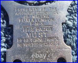 VINTAGE 1930s MALAYA AUTOMOBILE ASSOCIATION CAR BADGEMALAYAN AA MOTOR/AUTO RARE